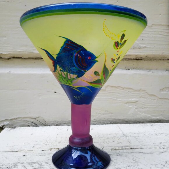 Tropical Vintage Blown Glass Martini Vase with Hand Painted Angel Fish Seascape - Picture 6 of 13